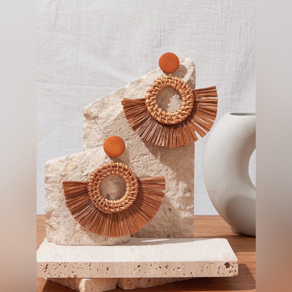 Bohemian Rattan Detail Tassel Drop Earrings